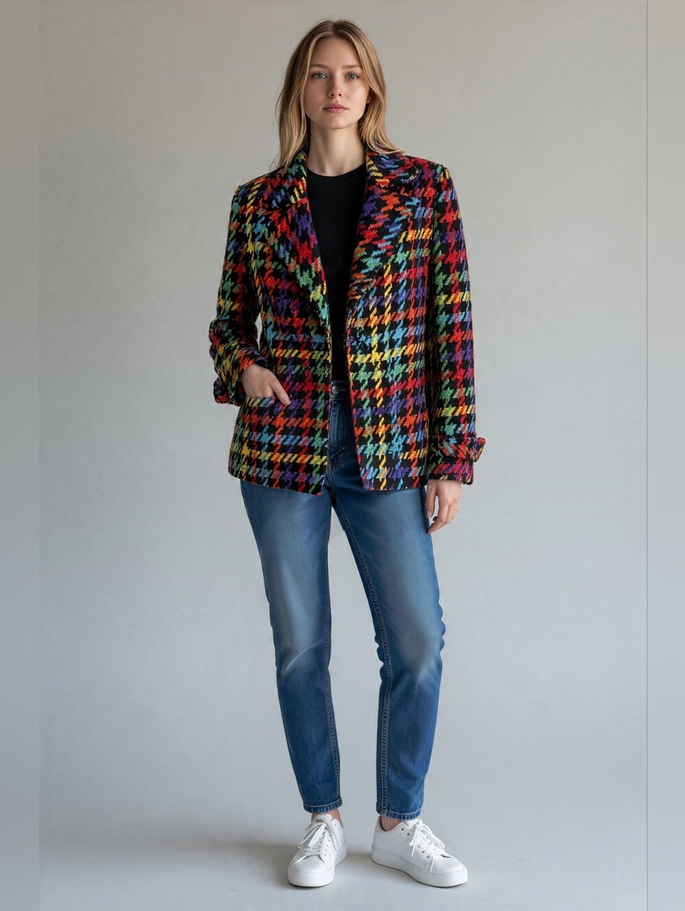 SAM EDELMAN Rainbow Tweed Houndstooth Double-Breasted Jacket Blazer Size 2